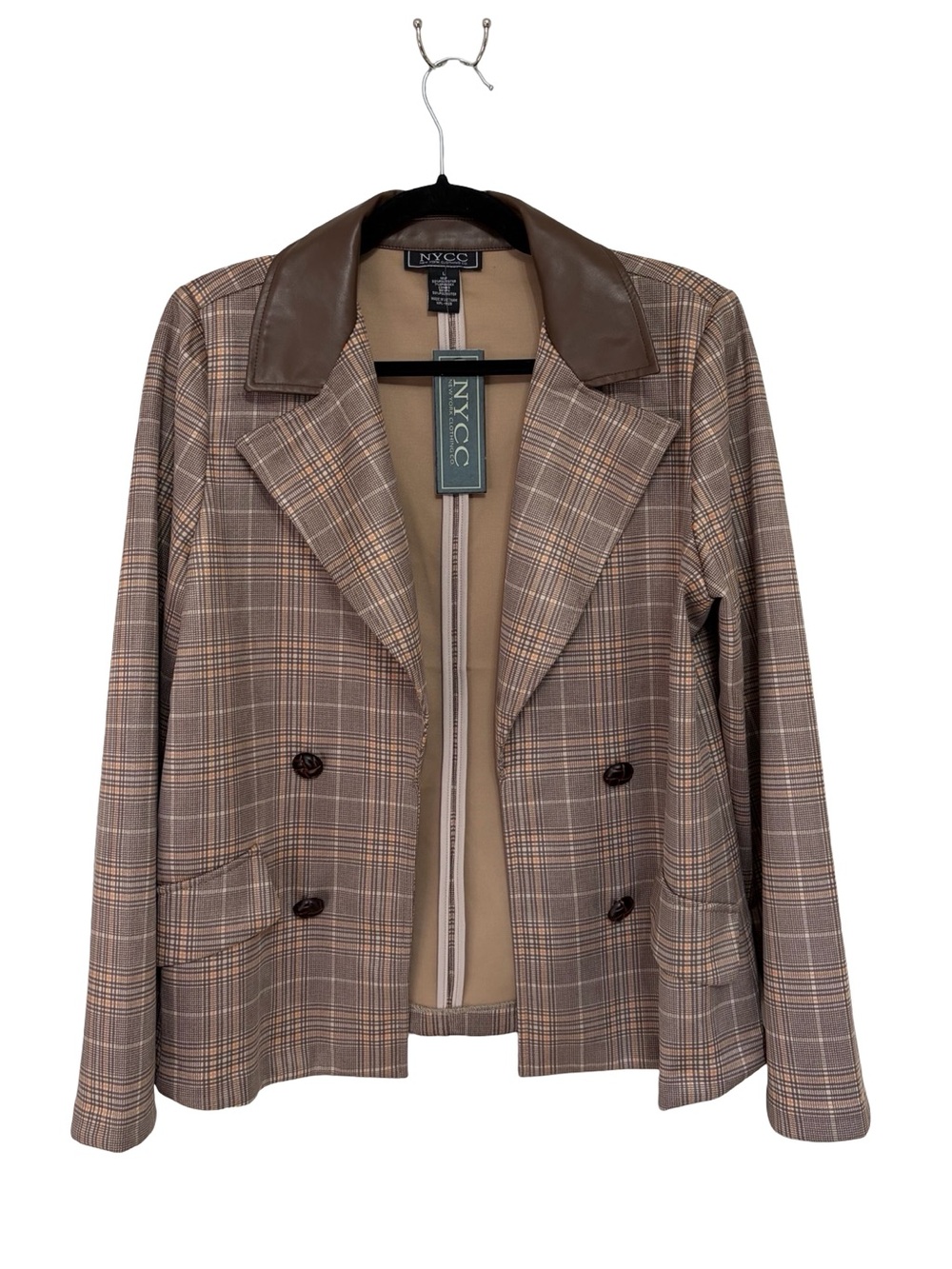 NEW NYCC Faux Leather Collar Plaid Open Front Fall Academic Blazer - Size L